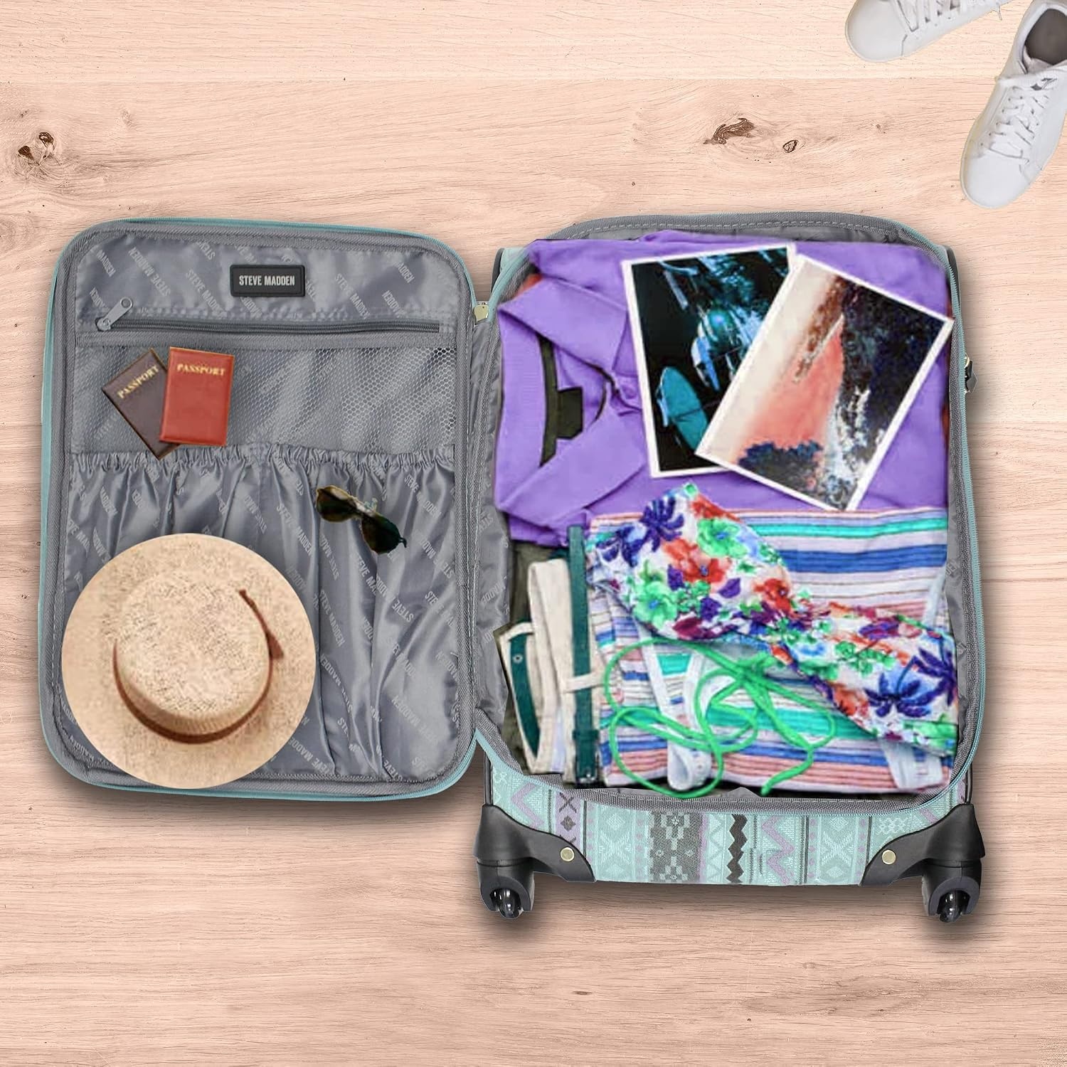image:imageSteve Madden DesignerGepckkollektion Leichter SoftsideKoffer fr Damen und Herren strapazierfhige 508 cm groe Tragetasche mit 4 rollenden SpinnerRdern Peekaboo Purple 20in Carry on Bag WithLegends Turquoise