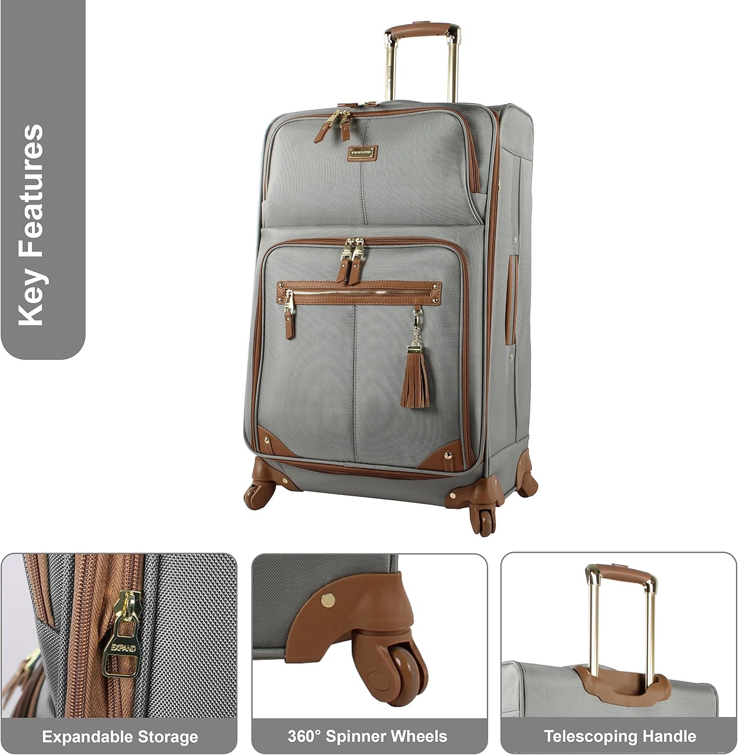 image:imageSteve Madden DesignerGepckkollektion Leichter SoftsideKoffer fr Damen und Herren strapazierfhige 508 cm groe Tragetasche mit 4 rollenden SpinnerRdern Peekaboo Purple 20in Carry on Bag WithHarlo Gray