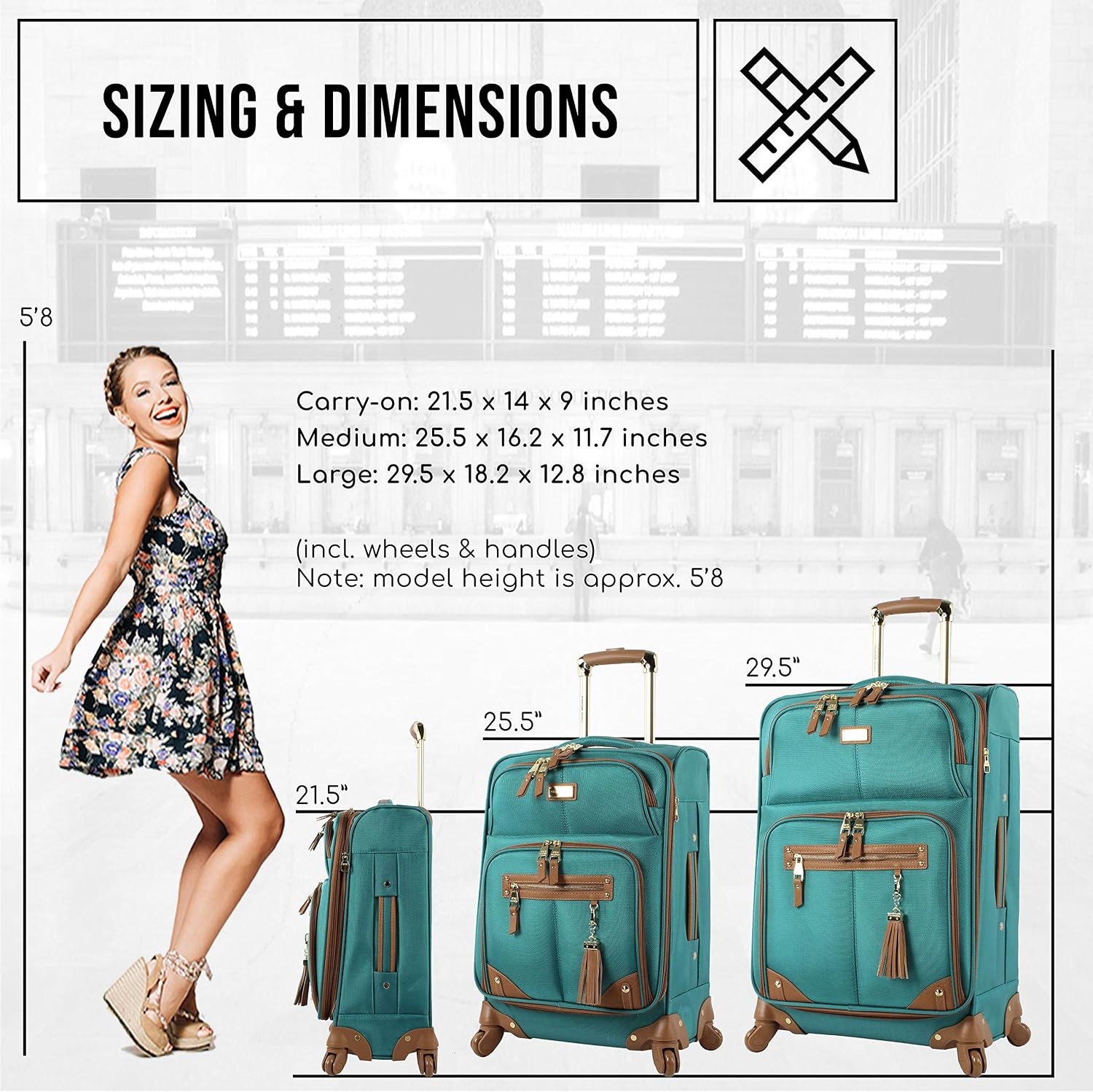 image:imageSteve Madden DesignerGepckkollektion Leichter SoftsideKoffer fr Damen und Herren strapazierfhige 508 cm groe Tragetasche mit 4 rollenden SpinnerRdern Peekaboo Purple 20in Carry on Bag WithHarlo Teal Blue