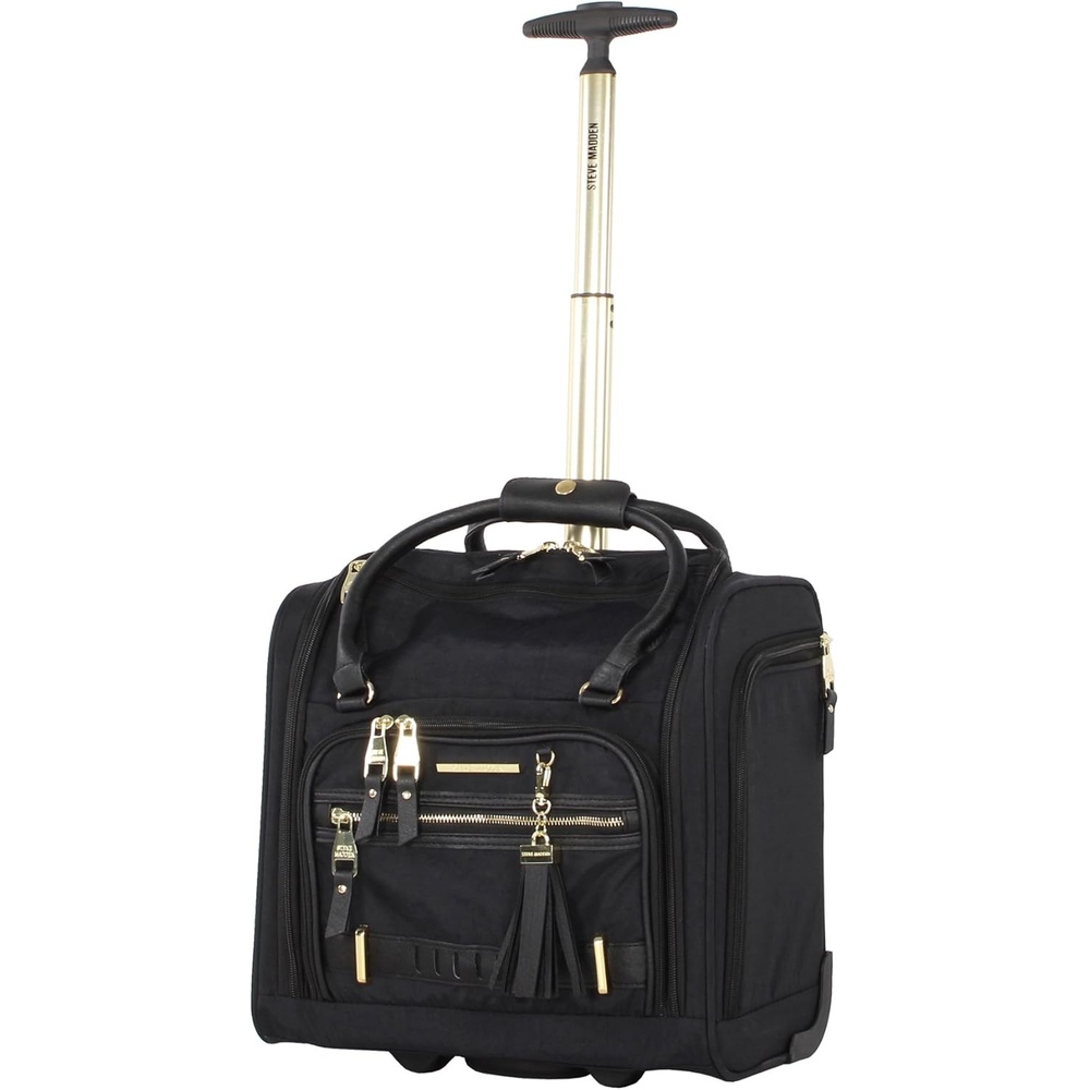 image:imageSteve Madden Designer 15 Inch Carry on Suitcase Small Weekender Overnight Business Travel Luggage Lightweight 2 Rolling Spinner Wheels Under Seat Bag for Women Shadow PurplePeekABoo Black