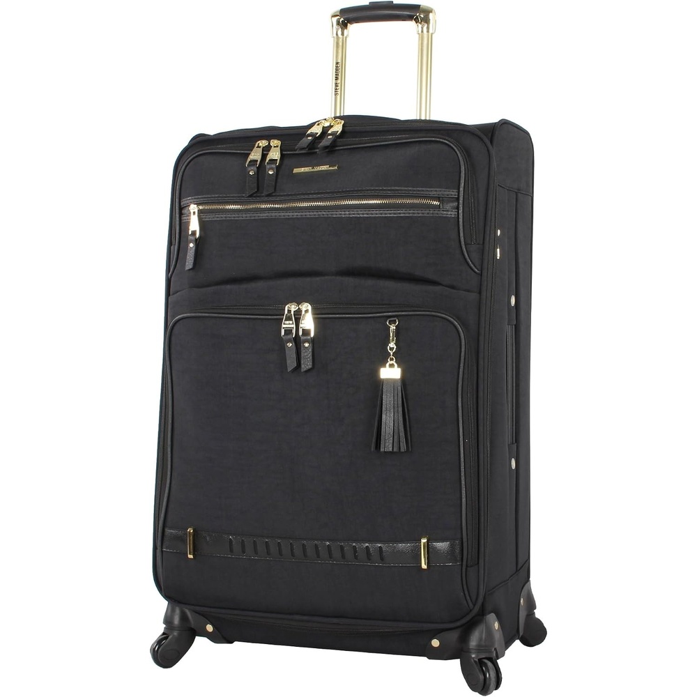 image:imageSteve Madden Designer Luggage  Checked Large 28 Inch Softside Suitcase  Expandable for Extra Packing Capacity  Lightweight Bag with Rolling Spinner Wheels Harlo GrayPeekABoo Black