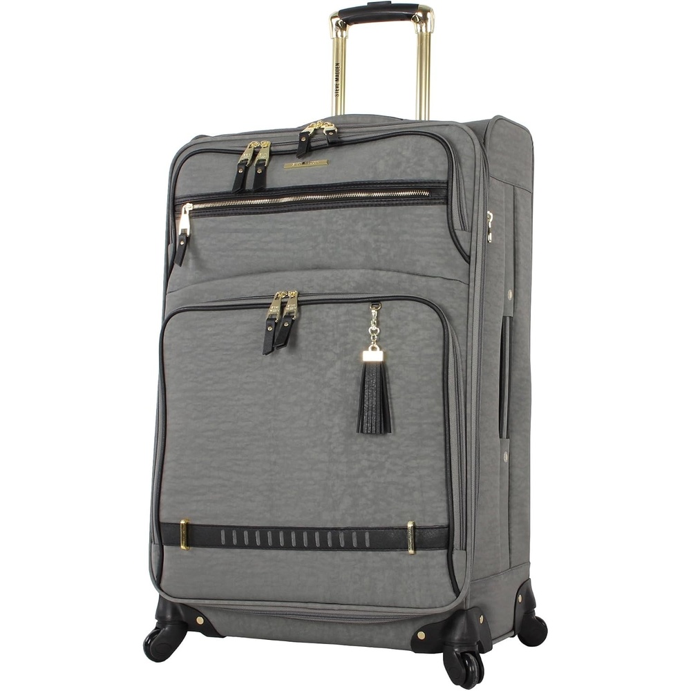 image:imageSteve Madden Designer Luggage  Checked Large 28 Inch Softside Suitcase  Expandable for Extra Packing Capacity  Lightweight Bag with Rolling Spinner Wheels Harlo GrayPeekABoo Grey