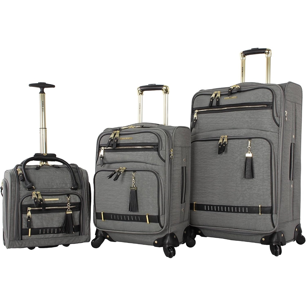 image:imageSteve Madden Designer Luggage Collection  3 Piece Softside Expandable Lightweight Spinner Suitcase Set  Travel Set Includes an Under Seat Bag 20Inch Carry on and 28Inch Checked Suitcase ShadowPeekaboo Grey