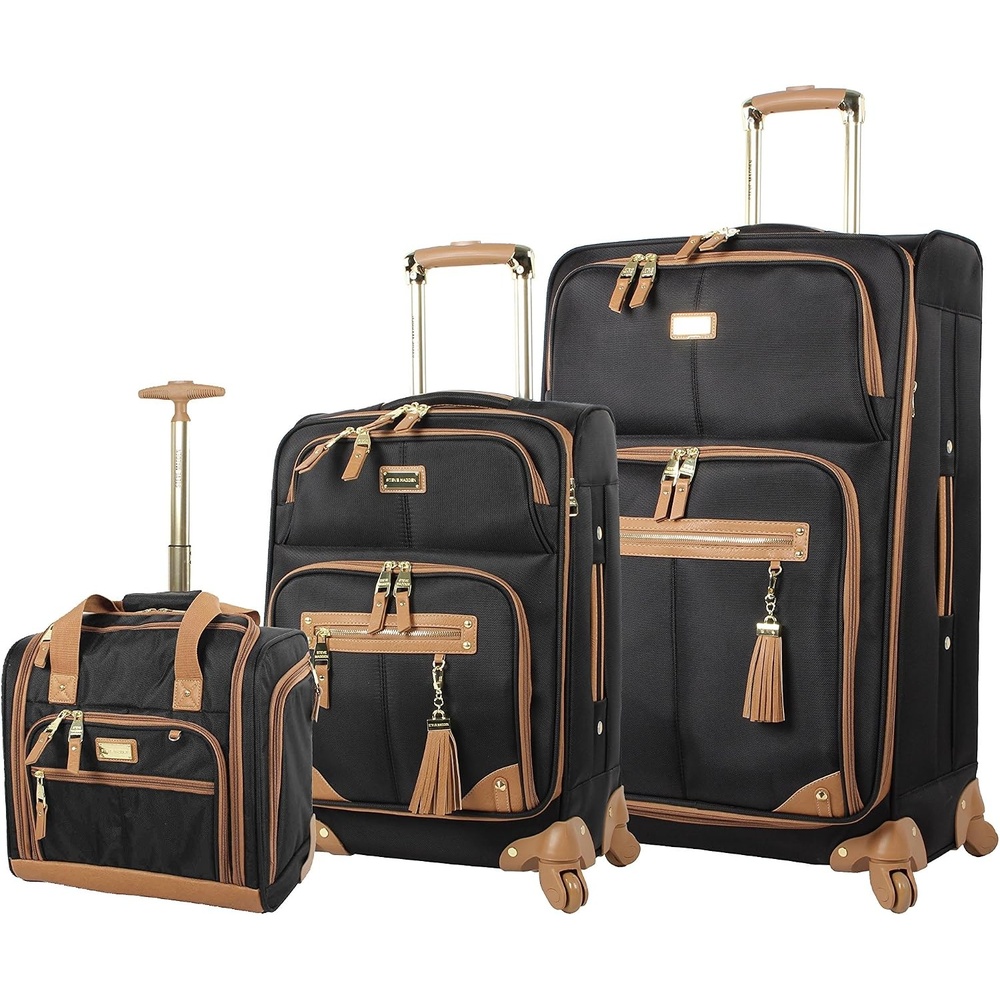 image:imageSteve Madden Designer Luggage Collection  3 Piece Softside Expandable Lightweight Spinner Suitcase Set  Travel Set Includes an Under Seat Bag 20Inch Carry on and 28Inch Checked Suitcase ShadowHarlo Black