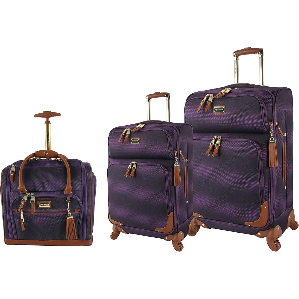 image:imageSteve Madden Designer Luggage Collection  3 Piece Softside Expandable Lightweight Spinner Suitcase Set  Travel Set Includes an Under Seat Bag 20Inch Carry on and 28Inch Checked Suitcase ShadowShadow Purple