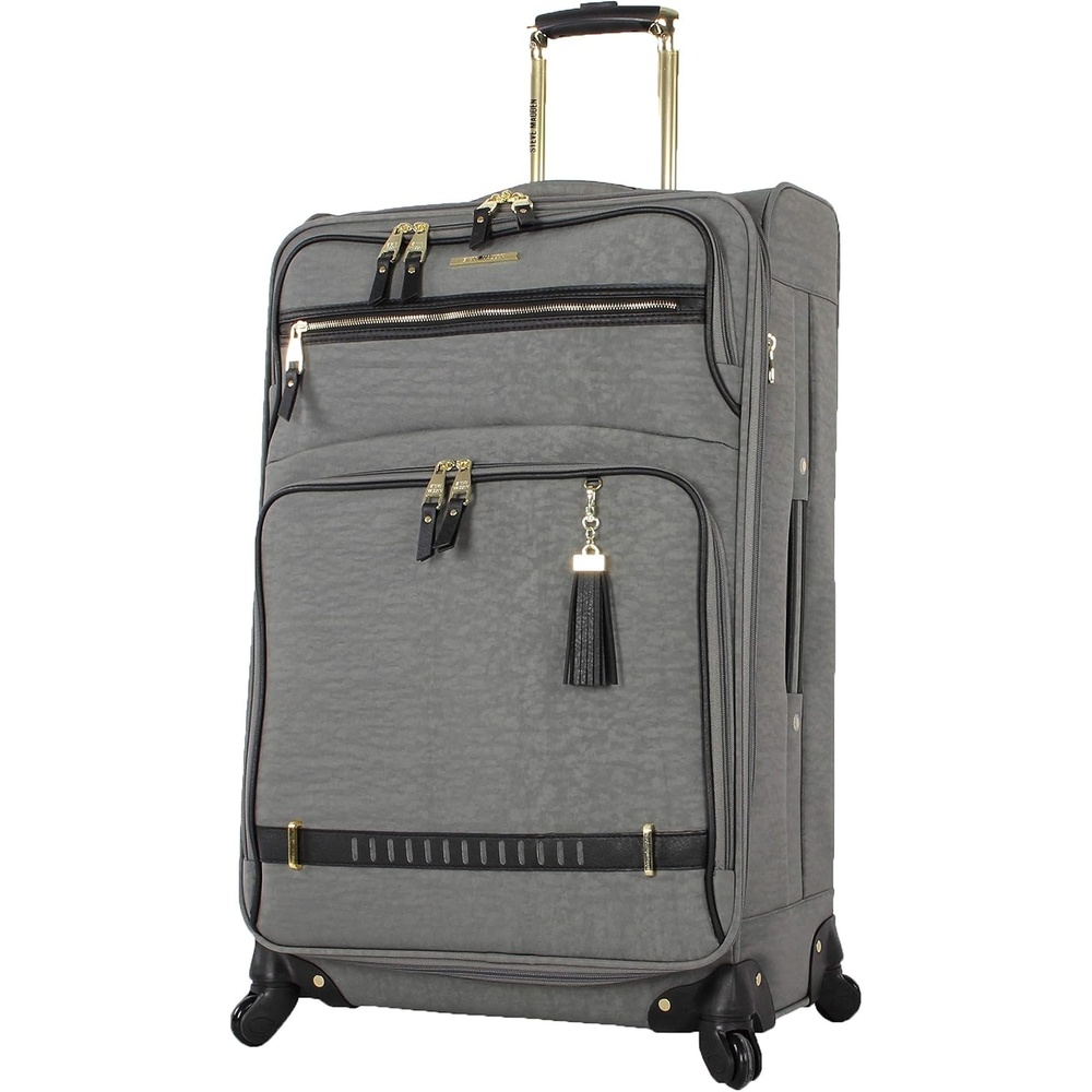 image:imageSteve Madden Designer Luggage Collection  Lightweight 24 Inch Expandable Softside Suitcase  Midsize Rolling 4Spinner Wheels Checked Bag Harlo BlackPeek A Boo Gray