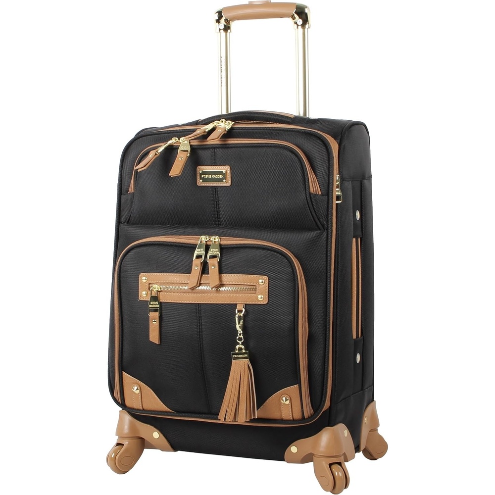 image:imageSteve Madden DesignerGepckkollektion Leichter SoftsideKoffer fr Damen und Herren strapazierfhige 508 cm groe Tragetasche mit 4 rollenden SpinnerRdern Peekaboo Purple 20in Carry on Bag WithHarlo Black
