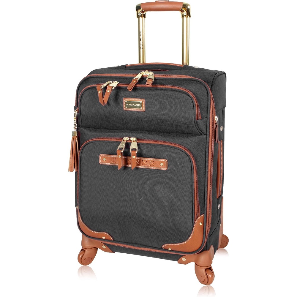 image:imageSteve Madden DesignerGepckkollektion Leichter SoftsideKoffer fr Damen und Herren strapazierfhige 508 cm groe Tragetasche mit 4 rollenden SpinnerRdern Peekaboo Purple 20in Carry on Bag WithGlobal Black