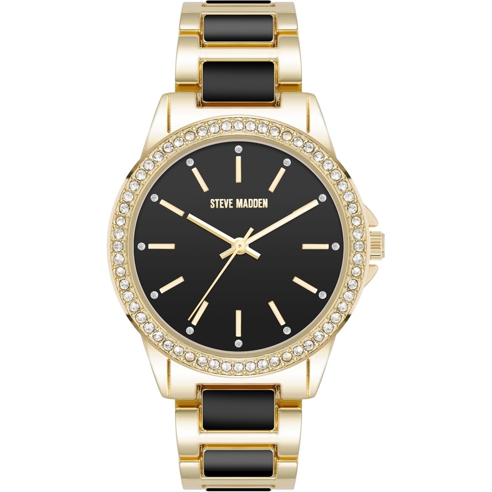 image:imageSteve Madden Womens Genuine Crystal Accented Bracelet WatchBlackGold