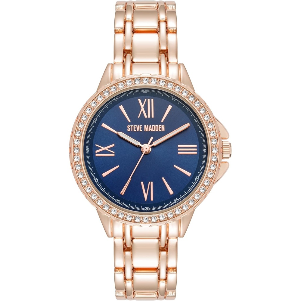 image:imageSteve Madden Womens Genuine Crystal Accented Bracelet WatchNavy BlueRose Gold