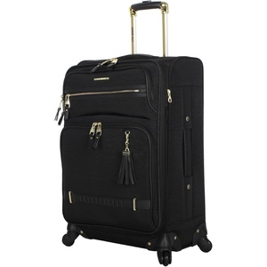 Steve Madden Designer Luggage Collection – Lightweight 24 Inch Expandable Softside Suitcase – Mid-size Rolling 4-Spinner Wheels Checked Bag (Black, 24in)