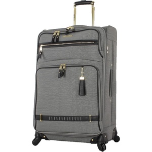 Steve Madden Designer Luggage Collection – Lightweight 24 Inch Expandable Softside Suitcase – Mid-size Rolling 4-Spinner Wheels Checked Bag (Harlo Black)(Peek A Boo Gray)