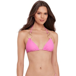 Steve Madden Womens Adjustable Triangle Bikini Top with Gold Double Ring(Neon Pink)