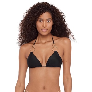 Steve Madden Womens Adjustable Triangle Bikini Top with Gold Double Ring(Raven)
