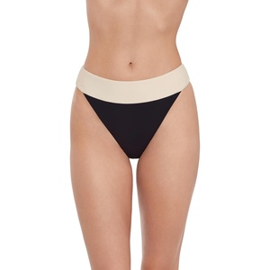 Steve Madden Women’s Banded High Leg High Waist Bikini Bottom(Black/ Ivory)