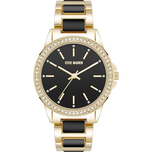 Steve Madden Women’s Genuine Crystal Accented Bracelet Watch(Black/Gold)