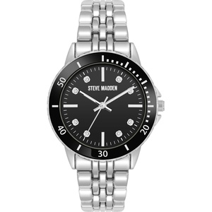 Steve Madden Women’s Genuine Crystal Accented Bracelet Watch(Black/Silver)