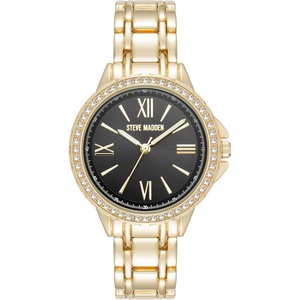 Steve Madden Women’s Genuine Crystal Accented Bracelet Watch(Gold/Black)