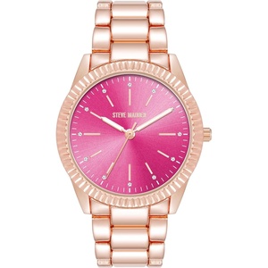 Steve Madden Women’s Genuine Crystal Accented Bracelet Watch(Hot Pink/Rose Gold)