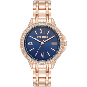 Steve Madden Women’s Genuine Crystal Accented Bracelet Watch(Navy Blue/Rose Gold)