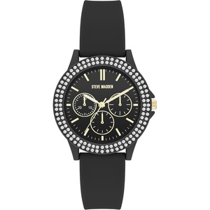 Steve Madden Women’s Genuine Crystal Accented Silicone Strap Watch(Black)