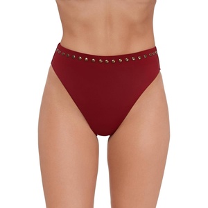 Steve Madden Women’s High Leg High Waist Bikini Bottom with Studs(Merlot)