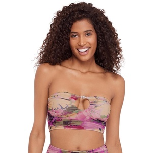 Steve Madden Women’s Keyhole Strapless Swim Tube Top with Pearl Trim(Super Bloom)