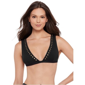 Steve Madden Women’s Over The Shoulder Tall Triangle Bikini Top with Studs(Black)