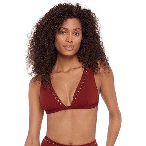 Steve Madden Women’s Over The Shoulder Tall Triangle Bikini Top with Studs(Merlot)