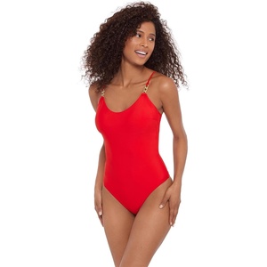 Steve Madden Women’s Scoop Neck One Piece Swimsuit with Gold Chain(Cherry)