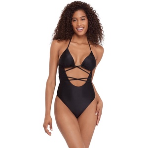 Steve Madden Women’s Strappy Cutout Triangle One Piece Swimsuit(Shine Bright Raven)