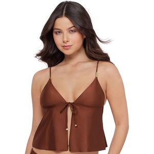 Steve Madden Women’s Tie Front Crop Swim Tankini Top(Shine Bright Oak Brown)