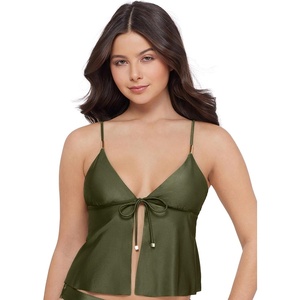 Steve Madden Women’s Tie Front Crop Swim Tankini Top(Shine Bright Olive)